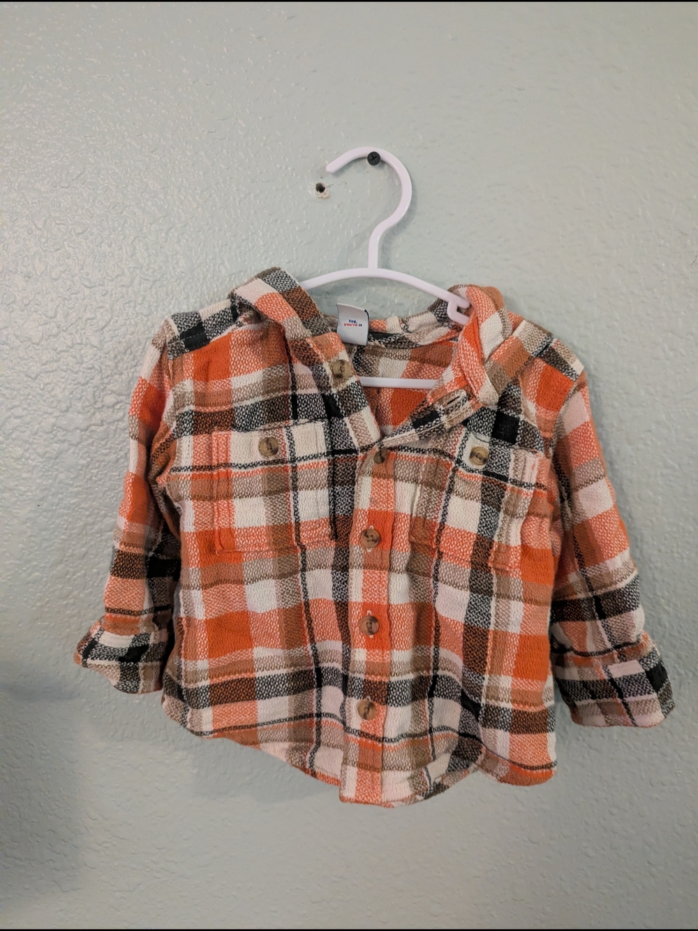 Old Navy Orange, Black & Cream Plaid Hooded Button-Down Shirt